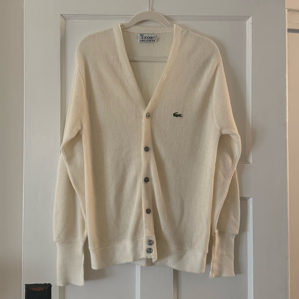 IZOD LACOSTE Vintage 70s/80s Cream/Off-White Preppy Knit Cardigan Men’s Large